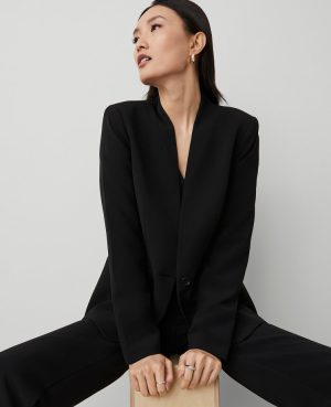The Petite Long Collarless Blazer in Fluid Crepe