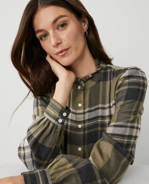 Petite Weekend Collection Plaid Ruffle Neck Flannel Shirt