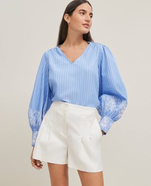 Striped Embroidered V-Neck Popover