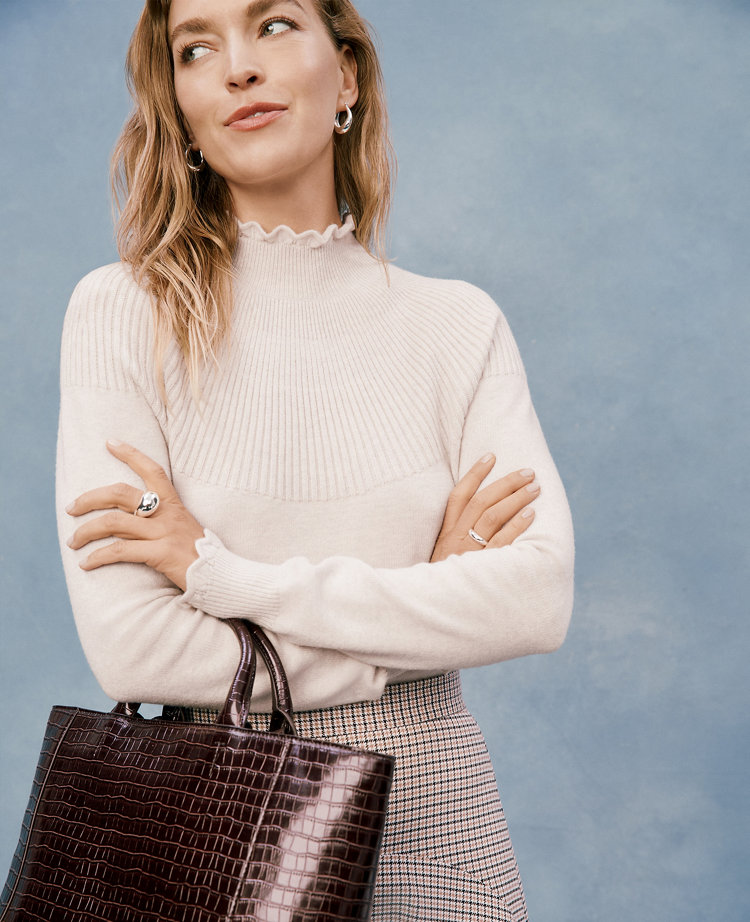 Ruffle Trimmed Mock Neck Sweater