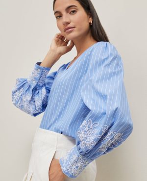 Tall Striped Embroidered V-Neck Popover