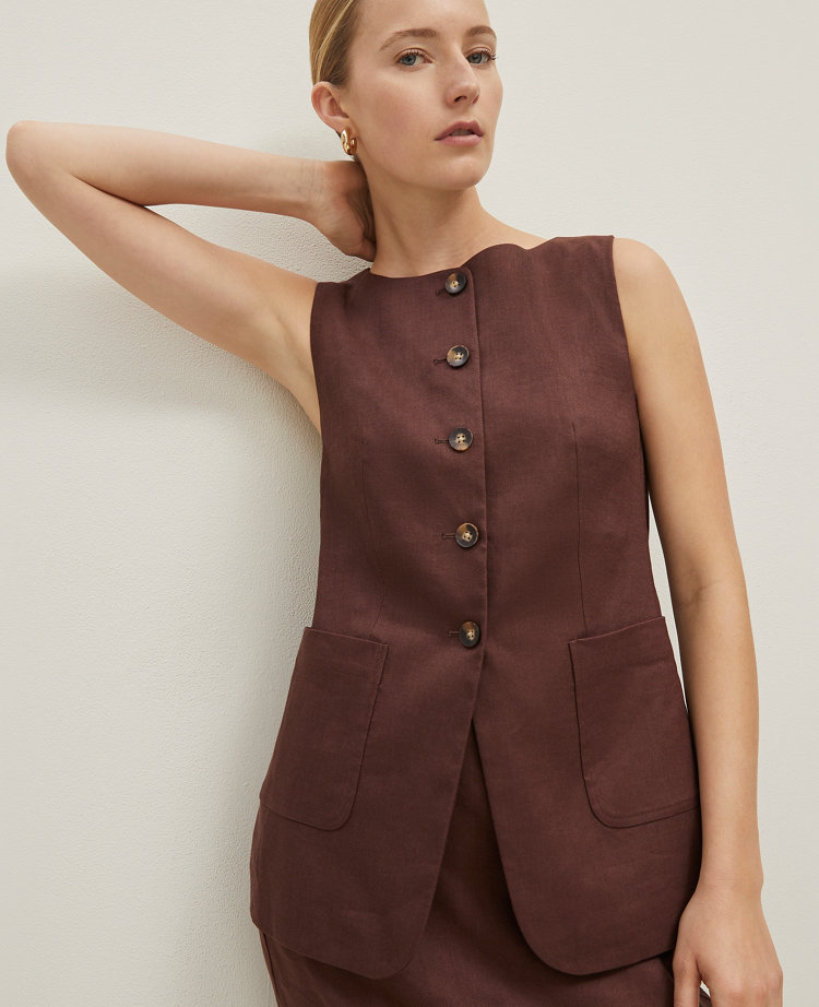 The Petite Long Crew Neck Vest in Linen Blend