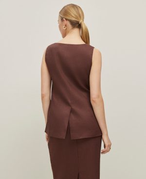 The Petite Long Crew Neck Vest in Linen Blend