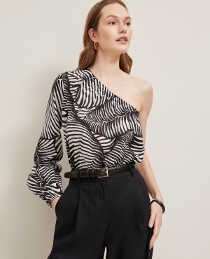 Petite One-Shoulder Blouse in Palm Print