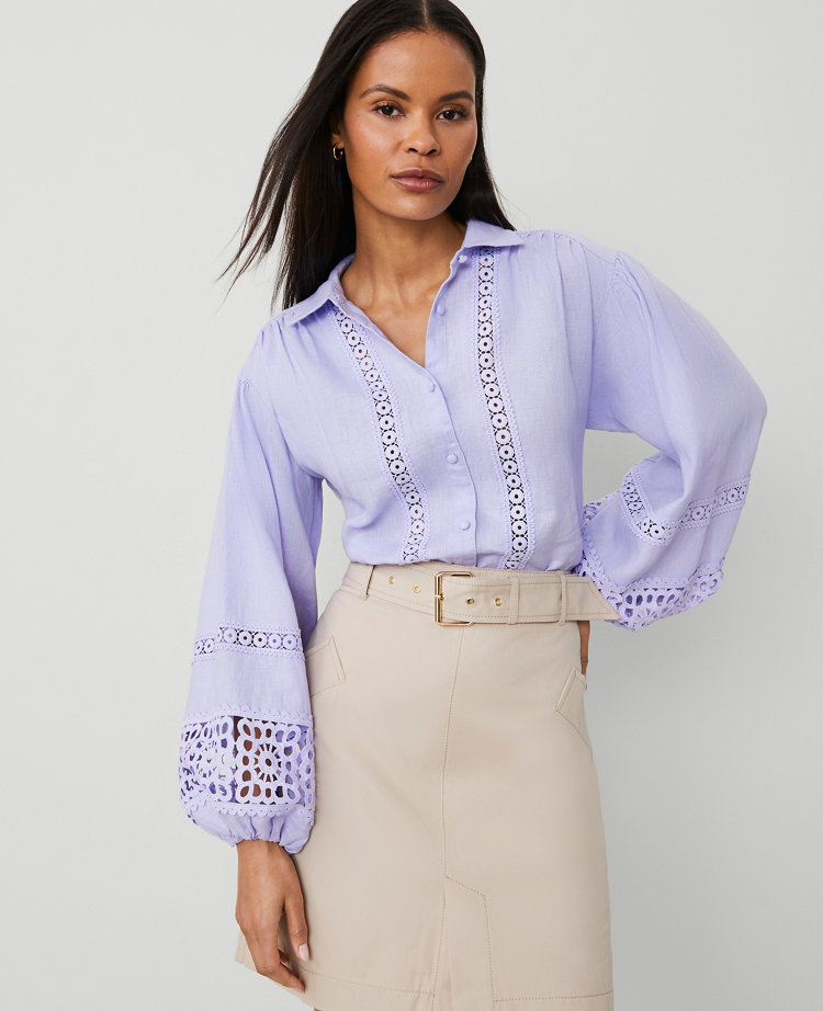 Tall Embroidered Linen Puff Sleeve Blouse