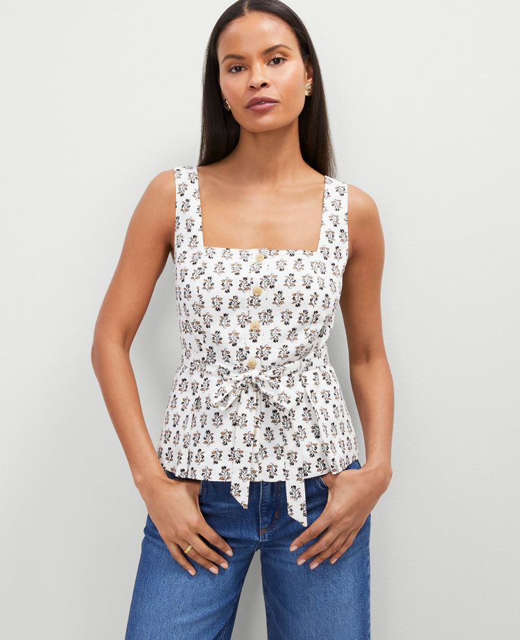 Petite Floral Linen Blend Tie Waist Top
