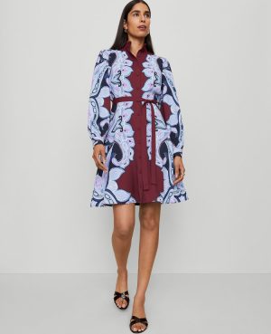 Petite Paisley Ruffle Collar Flare Dress