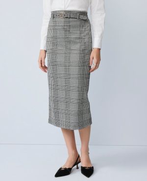 Plaid Belted Midi Pencil Skirt