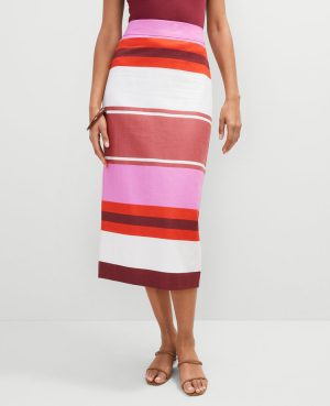 Petite Striped Linen Blend Clean Midi Skirt