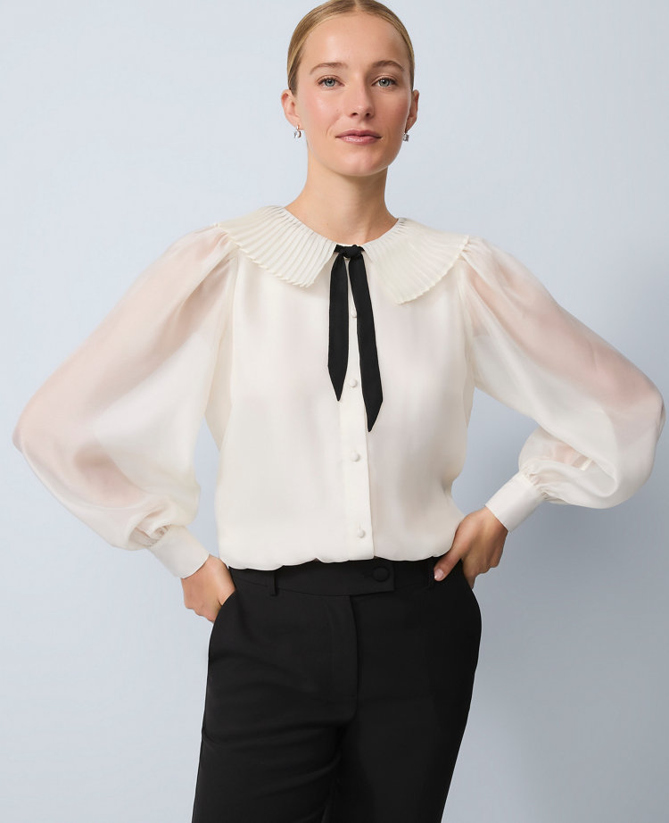 Pleated Collar Tie Neck Blouse