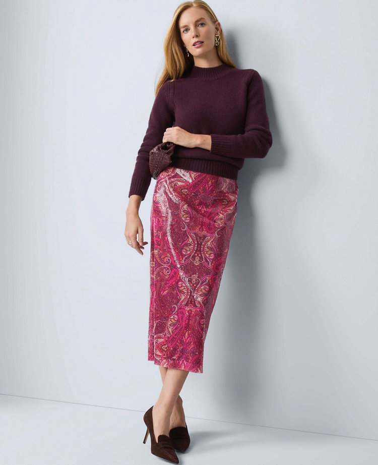Petite Sequin Paisley Column Midi Skirt