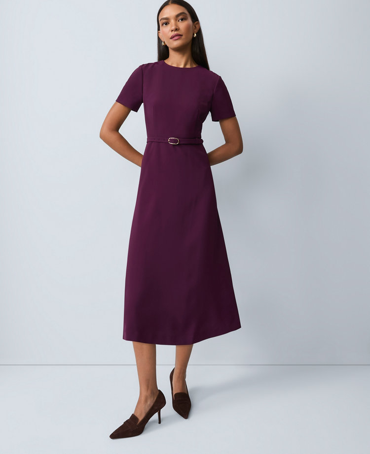 Petite Belted Crew Neck Midi Dress