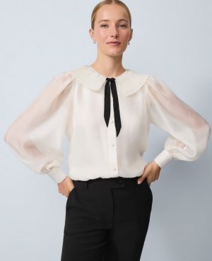 Petite Pleated Collar Tie Neck Blouse