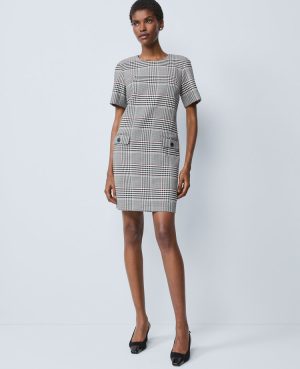 Plaid Button Pocket Shift Dress