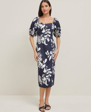 Petite Floral Puff Sleeve Midi Dress