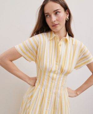 Petite Weekend Collection Striped Pleated Midi Pocket Shirtdress