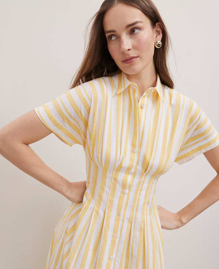 Petite Weekend Collection Striped Pleated Midi Pocket Shirtdress