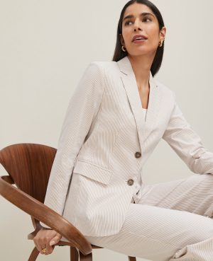 The Petite Long Notched Two Button Blazer in Seersucker