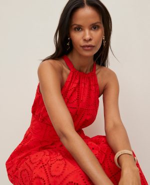 Petite Eyelet Halter Flare Maxi Dress