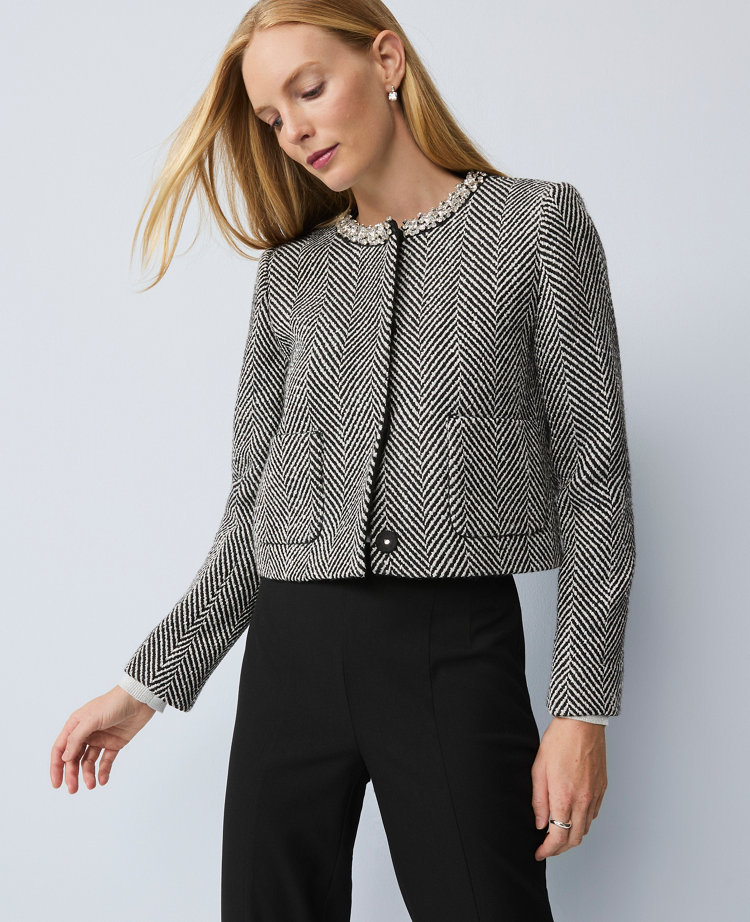 Petite Embellished Herringbone Cropped Jacket
