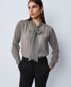 Petite Herringbone Bow Blouse