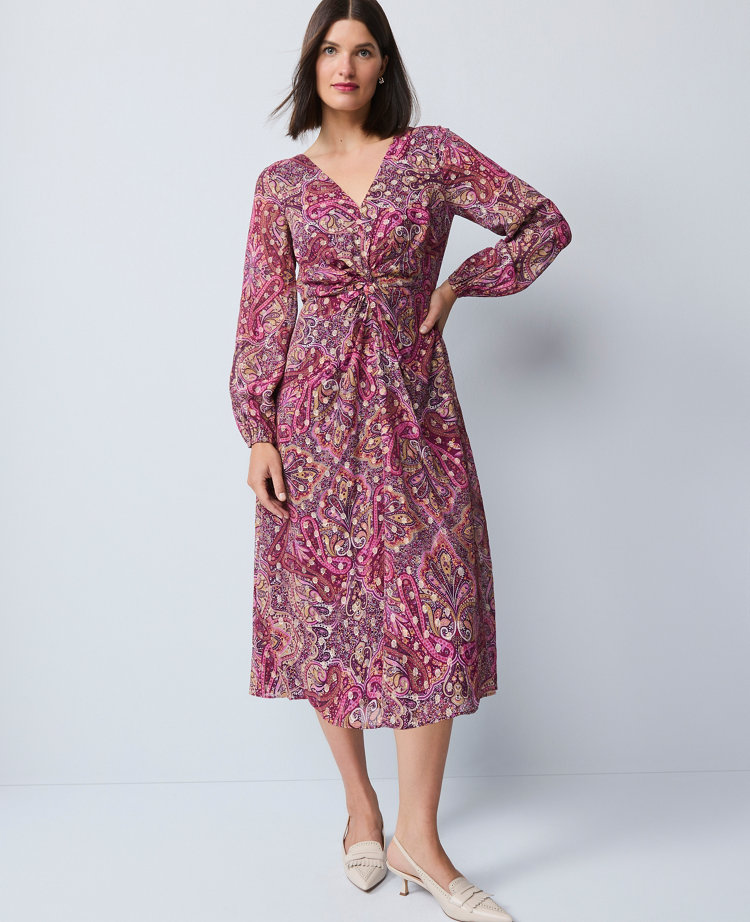 Petite Draped Paisley Midi Dress