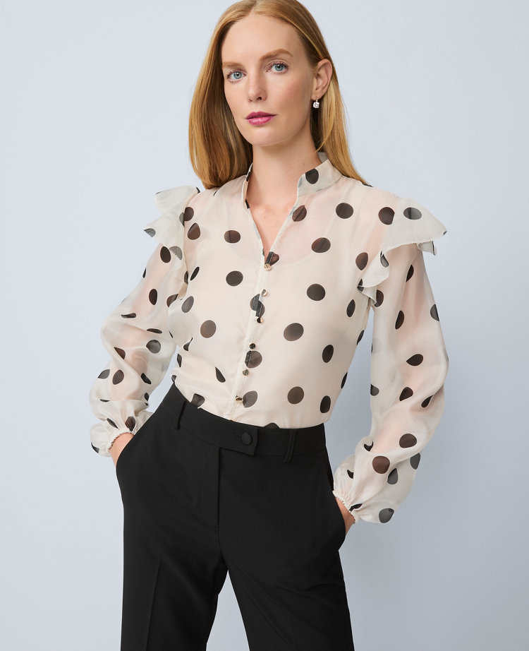Petite Dotted Ruffle Trim Blouse