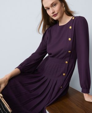 Pleated Button Flare Midi Dress
